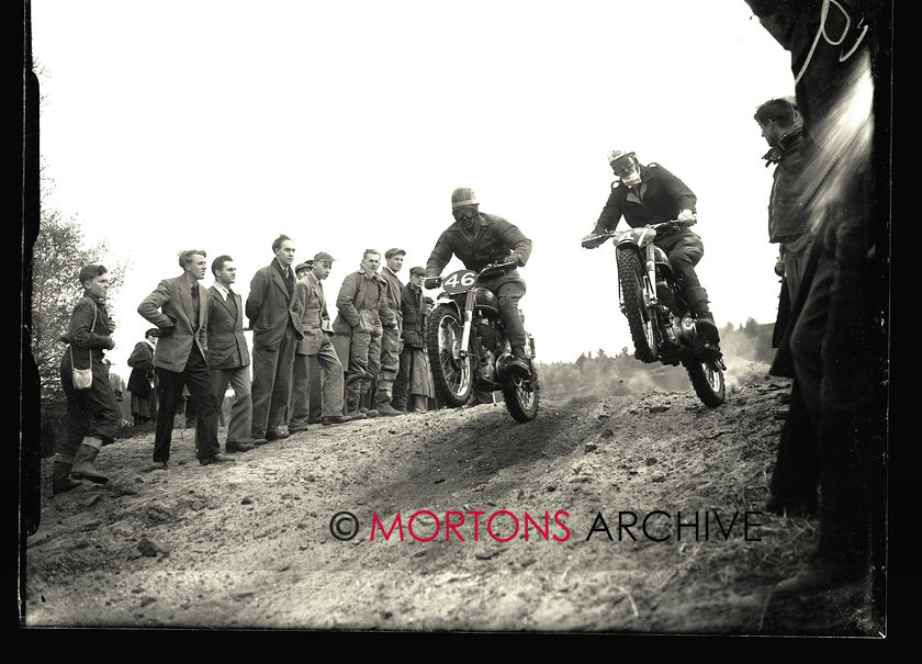 062 SFTP 01 
 Sunbeam point-to-point, April 1953 - Jack Hubbard (46) and Brian Stonebridge, formation flying on their Matchlesses. 
 Keywords: 2013, Glass plate, Mortons Archive, Mortons Media Group, October, Point to point, Straight from the plate, Sunbeam, The Classic MotorCycle