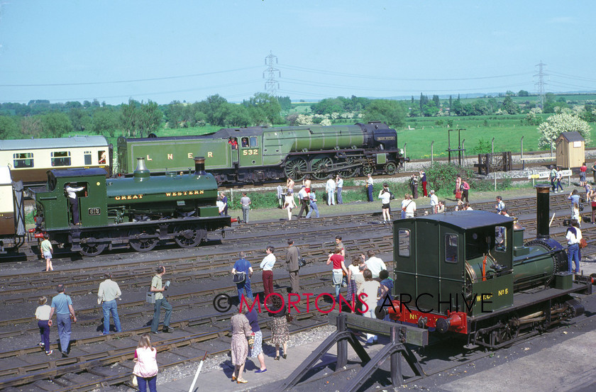 WD594785@64 preservation 00 
 LNER A2 Pacific No 535 Blue Peter in action at Didcot during the GW150 festivities at Didcot on 2nd JUne 1985. In the yard are Port Talbot 0-6-0ST No 813 and Wantage Tranway 0-4-0ST No 5 Shannon. 
 Keywords: Heritage Railway, Mortons Archive, Mortons Media Group