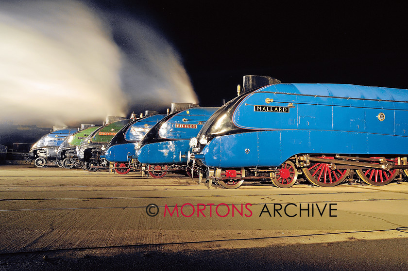 FRED PROFILE A4-08 
 The Great Goodbye will be remembered for decades to come, if only for this iconic image from the evening photographic charters. In profile (from left) on February 19 are post-war steam record holder No. 60007 Sir Nigel Gresley, No. 60008 Dwight D. Eisenhower, No. 60009 Union of South Africa, No. 4489 Dominion of Canada, heritage era steam record holder 
No. 4464 Bittern, and world steam railway speed record holder No. 4468 Mallard. FRED KERR