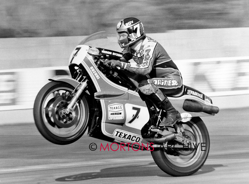 B 019 
 Cockney Rebel - Barry Sheene - Donington Park, 1979, the Suzuki demonstrates its power. 
 Keywords: 2012, Barry Sheene, Bookazine, Classic British Legends, Mortons Archive, Mortons Media Group