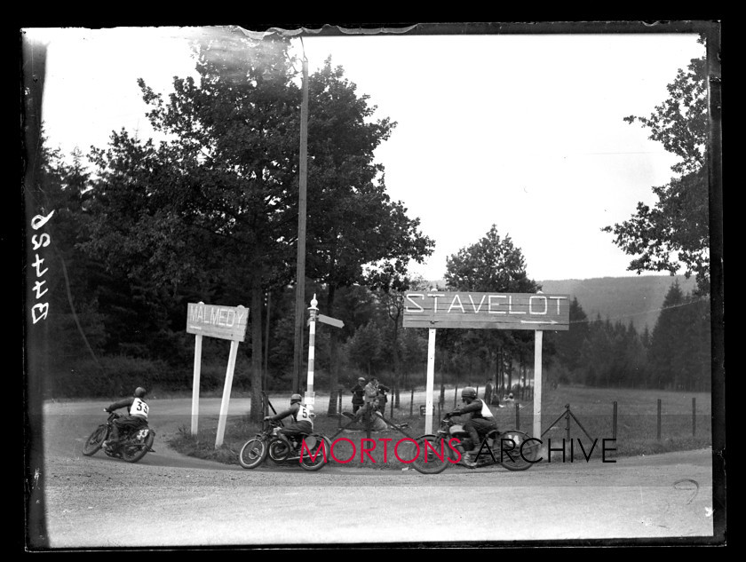 053 SFTP 06 
 1930 European Grand Prix in Belgium, July 17 - at Spa Franchorchamps - Himing (AJS) leads Syd Crabtree (Excelsior-JAP) and Duncan (Raleigh) round the Francorchamps turn. 
 Keywords: 2014, Belgian Grand Prix, Glass plates, Mortons Archive, Mortons Media Group Ltd, September, Straight from the plate, The Classic MotorCycle